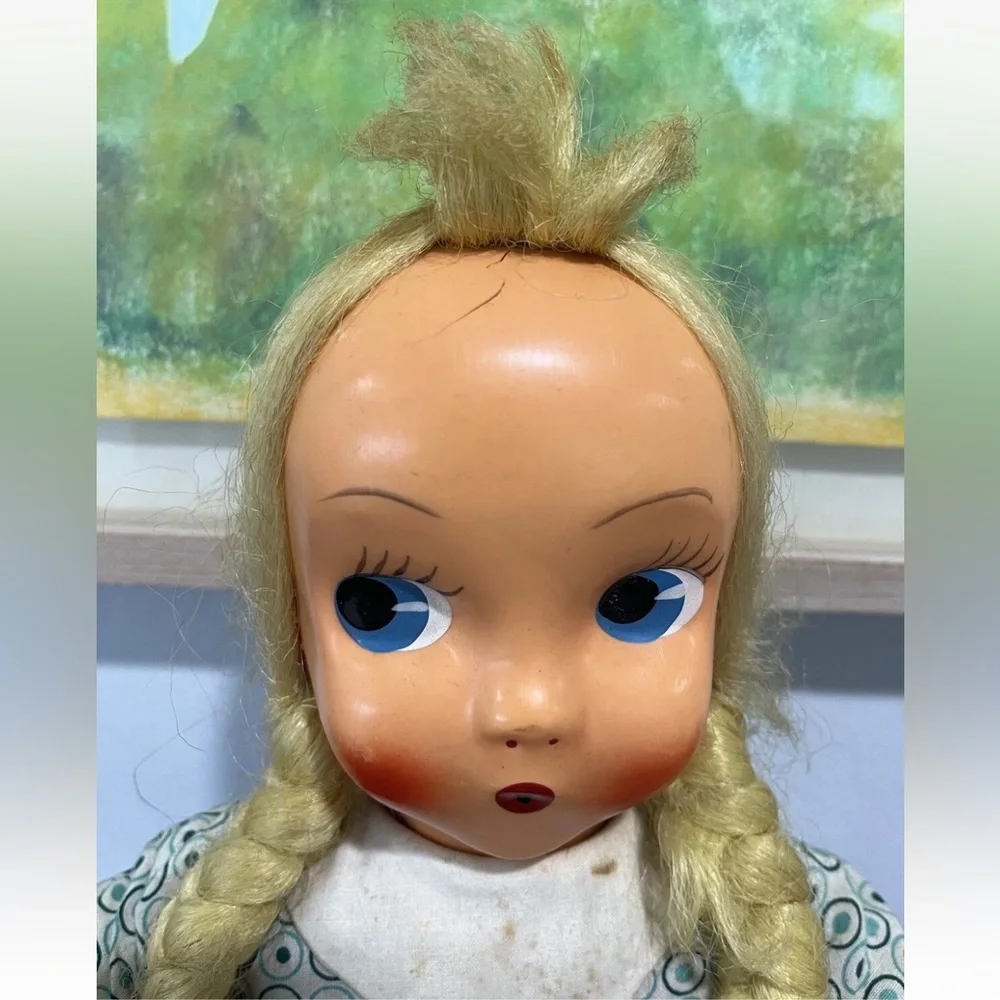 Carnival Plastic Face Cloth Fabric Doll Blonde Hair Braids Blue Eyes Vintage 60s
